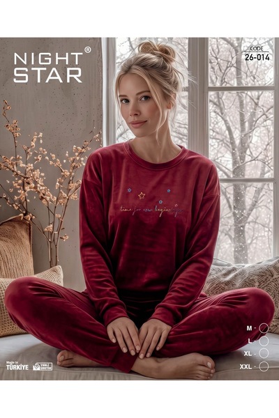 Night Star French Velvet Printed Burgundy Pajama Set