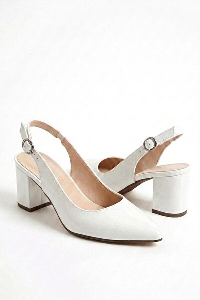 Nubbock Open Back Women's White Patent Leather Open Back 5 cm Heeled Shoes Nk...