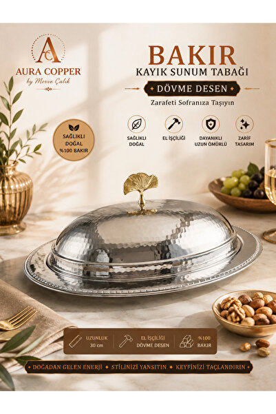 AURA COPPER Kapaklı Bakır Kayık Sunum Tabağı 30 cm – Gümüş Renk Dövme Desenli...