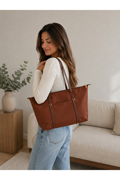 emelimin Women's Tan Zippered Shoulder Bag Large Size Daily Useful Tote Bag