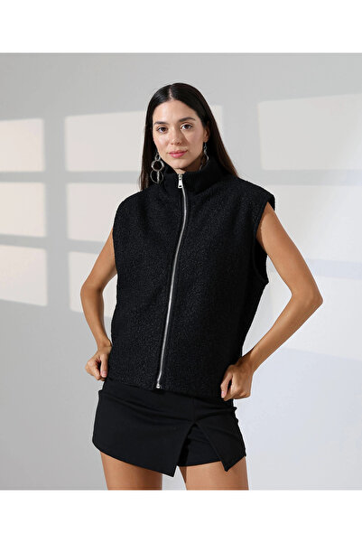 MetuCA Women's Black Zippered High Collar Knitwear Detailed Lined Boucle Vest