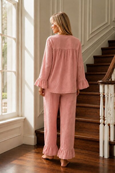 BELLA NOTTE Gül Kurusu Fiyonk Detaylı Volan Kollu Müslin Pijama Takımı