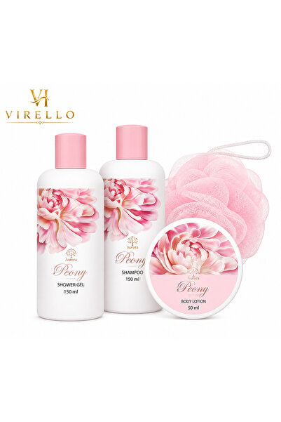 Aurora Set cadou Peony, 4 piese, gel de duș, șampon, loțiune de corp și buret...