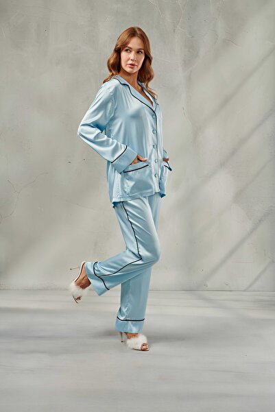 DAWN LİNE Women's Solid Color Dowry Satin Long Pajama Set Peony & Buttoned Ni...
