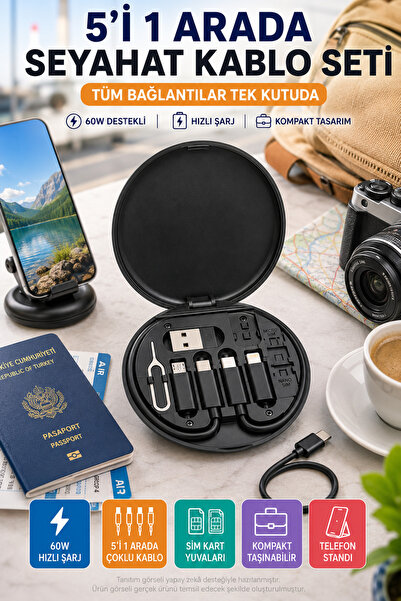 OpenCity 5'i 1 Arada Seyahat Kablo Seti 60W USB Type-C Şarj Kablosu SIM Kart ...