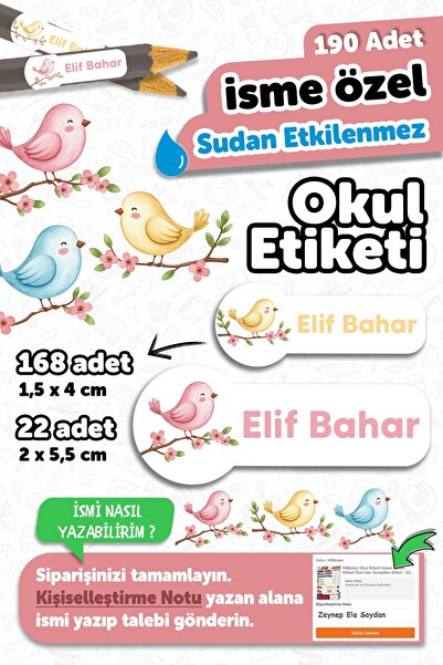 MSticker 190 Adet Kişiye Özel Okul Etiketi İsimli Kalem Defter Suluk Etiket Dayanıklı Etiket Sevimli Kuşlar