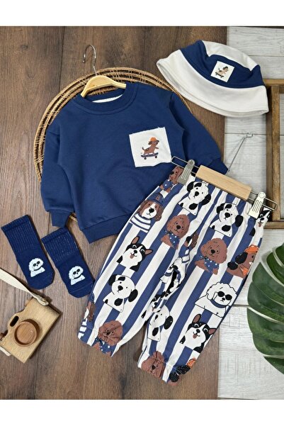 my petit panda Striped Cute Dog Print Pants Long Sleeve Sweatshirt Safari Hat...