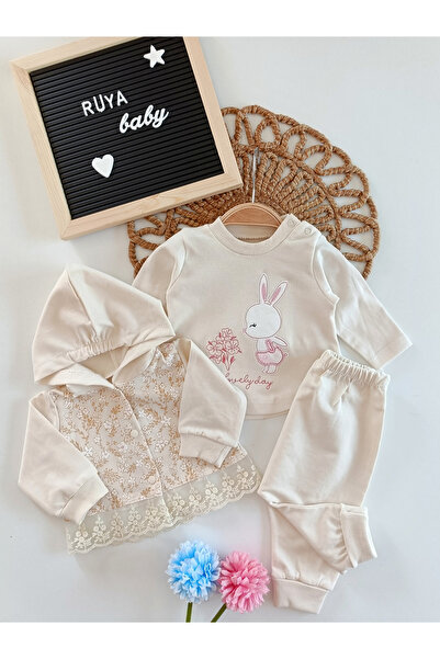 Lovely Day Hırkalı 3'lü Kız Bebek Takım-BEJ