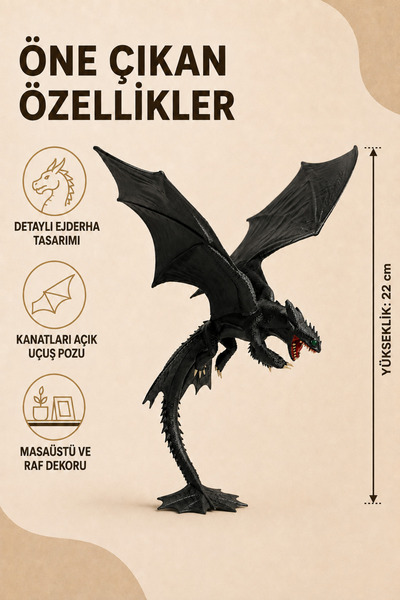 EBStudio Siyah Kanatlı Uçan Ejderha Figürü 22 cm Fantastik Masaüstü Dekoratif...