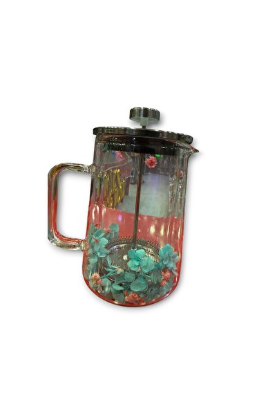 Çiçek Detaylı Tasarım Cam French Press / Bitki Çayı ve Kahve Demliği
