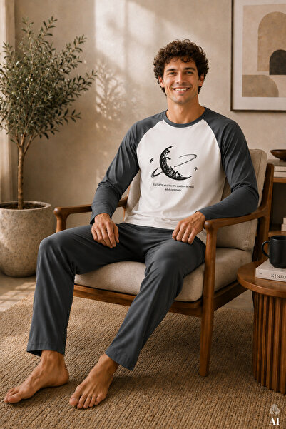 koza iç giyim Men's Cotton Long Sleeve Pajama Set with Pockets