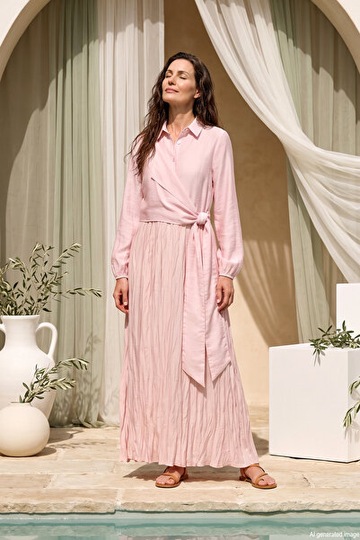 Ceremony Waist-Tied, Latik Detailed Sleeves Nile Dress 747 Pink