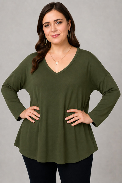 Curvy Trend Bluză cu decolteu în V, mânecă lungă și tiv larg, mărime mare, kaki