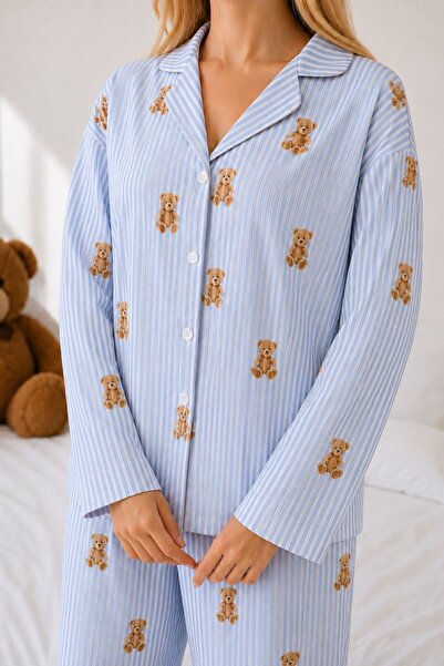 BELLA NOTTE Mavi Çizgili Ayıcık Desenli Gömlek Yaka Düğmeli Uzun Kollu Kadın Pijama Takımı
