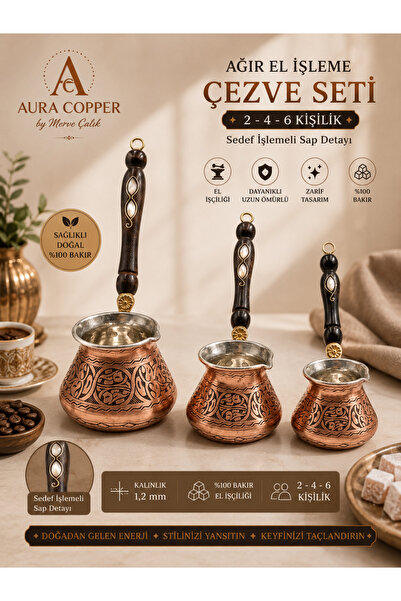 AURA COPPER 3’lü Ağır El İşlemeli Bakır Cezve Seti 2-4-6 Kişilik – 1,2 mm İşl...