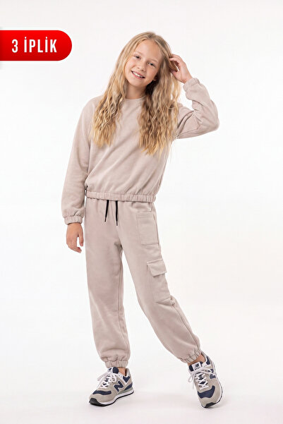 FYK KİDS 3 Thread Girls' Plain Low Waist Sweatshirt Crew Neck Sweatpants Set