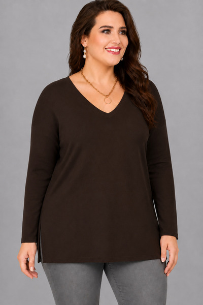 Curvy Trend Büyük Beden V Yaka Uzun Kol Yan Yırtmaçlı Bluz Kahverengi