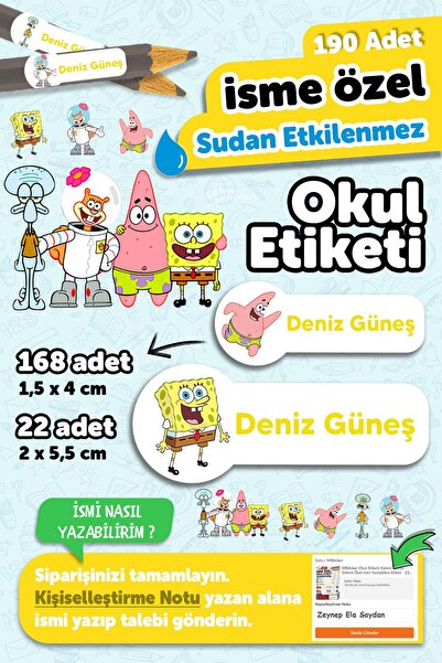 MSticker 190 Adet Kişiye Özel Okul Etiketi İsimli Kalem Defter Suluk Etiket Dayanıklı Etiket Sünger Dob