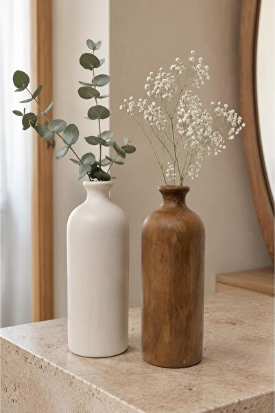 İLİVA Set of 2 Ceramic Cylinder Vases White and Brown 22 cm Decorative Deskto...
