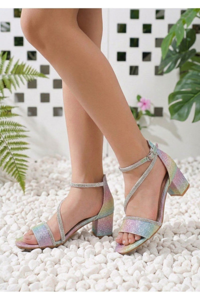 Moda Lime Girl's Patterned Ankle-Strapped Short Heeled Evening Dress Shoes