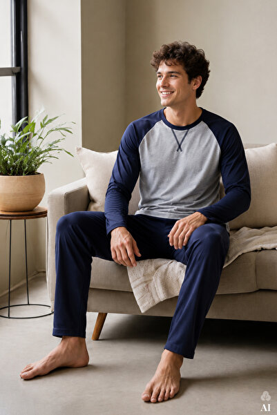 koza iç giyim Men's Cotton Long Sleeve Pajama Set with Pockets