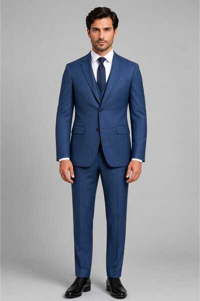 Cambridge Regular 140's Kumaş 6 Drop Çizgili Lacivert Takım Elbise Beden: 46-...