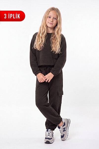 FYK KİDS 3 Thread Girls' Plain Low Waist Sweatshirt Crew Neck Sweatpants Set