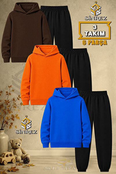 SİNREZ Children's Unisex 3Lu Plain Printed Hooded Tracksuit Set