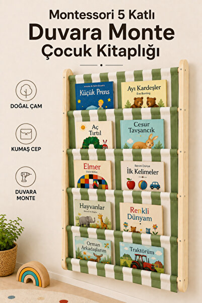 EverAlpina Montessori Duvara Monte Ahşap Çocuk Kitaplığı Kumaş Cepli Kitap Dü...