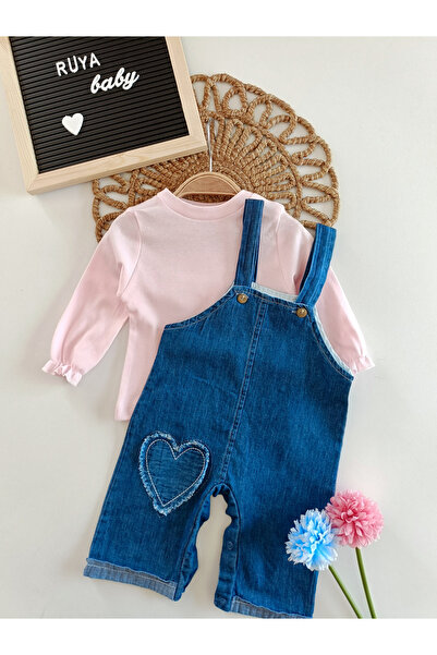 Jolly Joy Kalp Nakışlı Kot Kız Bebek Salopet & Body Set-DENİM