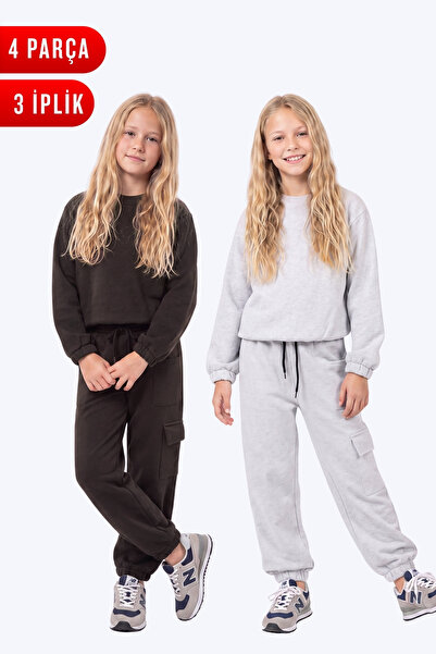 FYK KİDS 3 Thread Girls' Plain Low Waist Sweatshirt Crew Neck 2-Piece Tracksu...