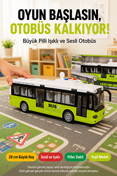 OpenCity Yeşil Model Büyük Pilli Işıklı Sesli Yolcu Otobüsü 28 cm 1:16 Açılır...