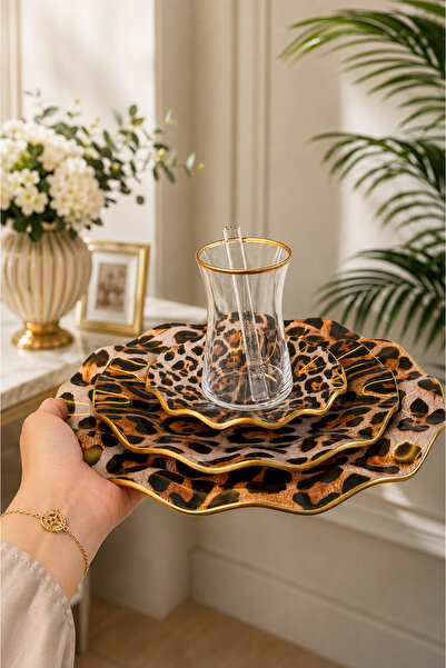Gülümseten Avm 31 Parça 6 Kişilik Leopar Desenli Cam Kahvaltı ve Çay Takımı – Gold Detaylı Servis Seti