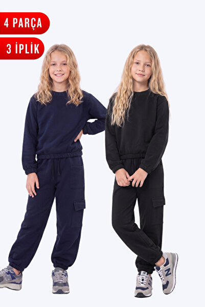 FYK KİDS 3 Thread Girls' Plain Low Waist Sweatshirt Crew Neck 2-Piece Tracksu...