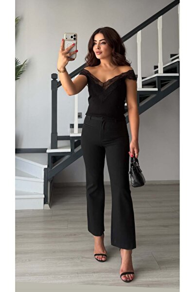 Oslove Black Fabric Lycra Flare Pants