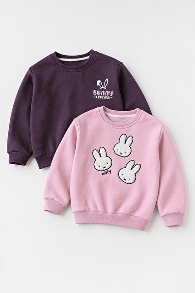 Perendi Girl's 2-Piece Rabbit Embroidered Winter Sweatshirt Set