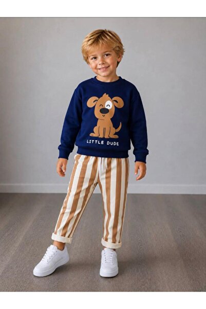 is kids wear Erkek Çocuk Köpek Baskılı Sweatshirt Lacivert Çizgili İki İplik ...