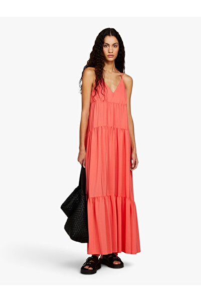 Sisley Kadın %100 Pamuk Fırfır Motifli Enseden Bağlamalı Uzun Elbise 324P43A2LV05P-SIS37N