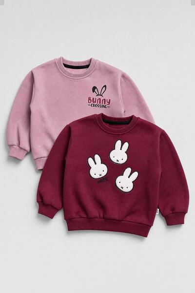 Perendi Girl's 2-Piece Rabbit Embroidered Winter Sweatshirt Set