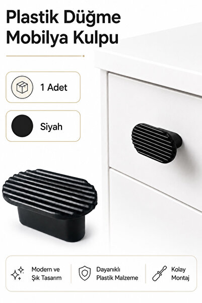 Badem10 Plastik Geniş T Oval Mobilya Kulpu Siyah 5 cm 32 mm 1 Adet Çekmece Do...