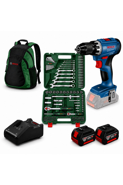 Bosch gsr 18v-45 akülü vidalama seti kömürsüz (2*4ah) +60 parça set+ sırt çan...