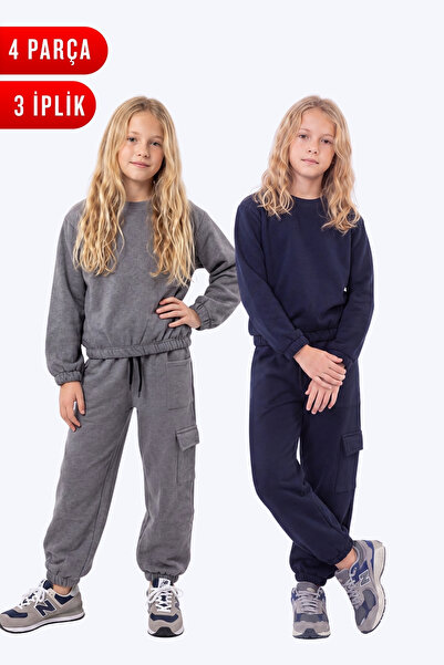 FYK KİDS 3 Thread Girls' Plain Low Waist Sweatshirt Crew Neck 2-Piece Tracksu...