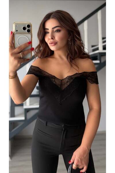 Oslove Black Lace V-Neck Blouse