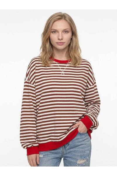 Cupla Women's Striped Ribbed Oversize Sweatshirt Brown White