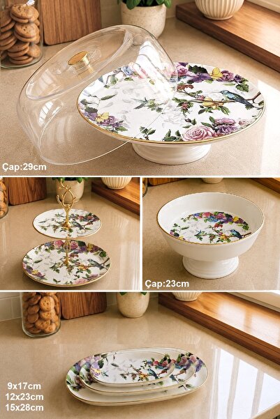 Pinkev Flora 6 Piece Ceramic Cake Jar Pastry Presentation Plate Set