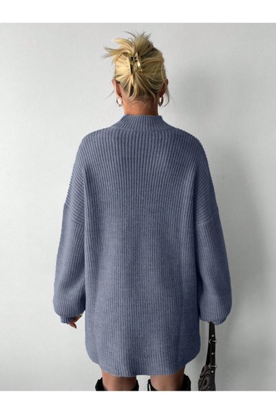 Dier Moda Women's Lilac Off-Shoulder Half Turtleneck Oversize Slit Knitwear Sweater Tunic