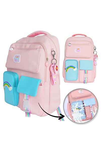 OEM Rucsac impermeabil pentru copii cu breloc, 2 compartimente, Nailon, Roz