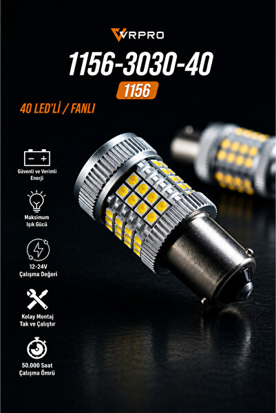 vr pro 1156 40 Ledli Beyaz Fanlı Isınmaz P21W Ultra Güçlü Işık Tey Duy Geri V...