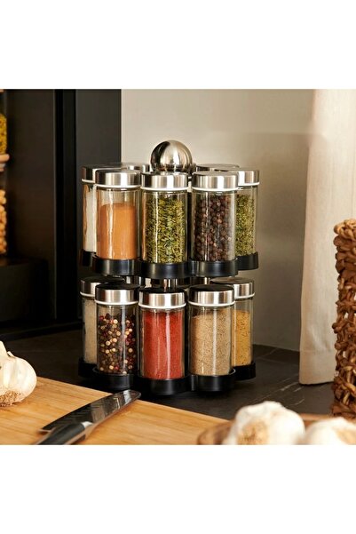 dealshopromania Rotating spice rack with 12 glass containers, 100 ml each, ki...