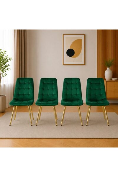 Solplant Set 4 scaune bucatarie/living, , Cieza, catifea verde, picioare meta...